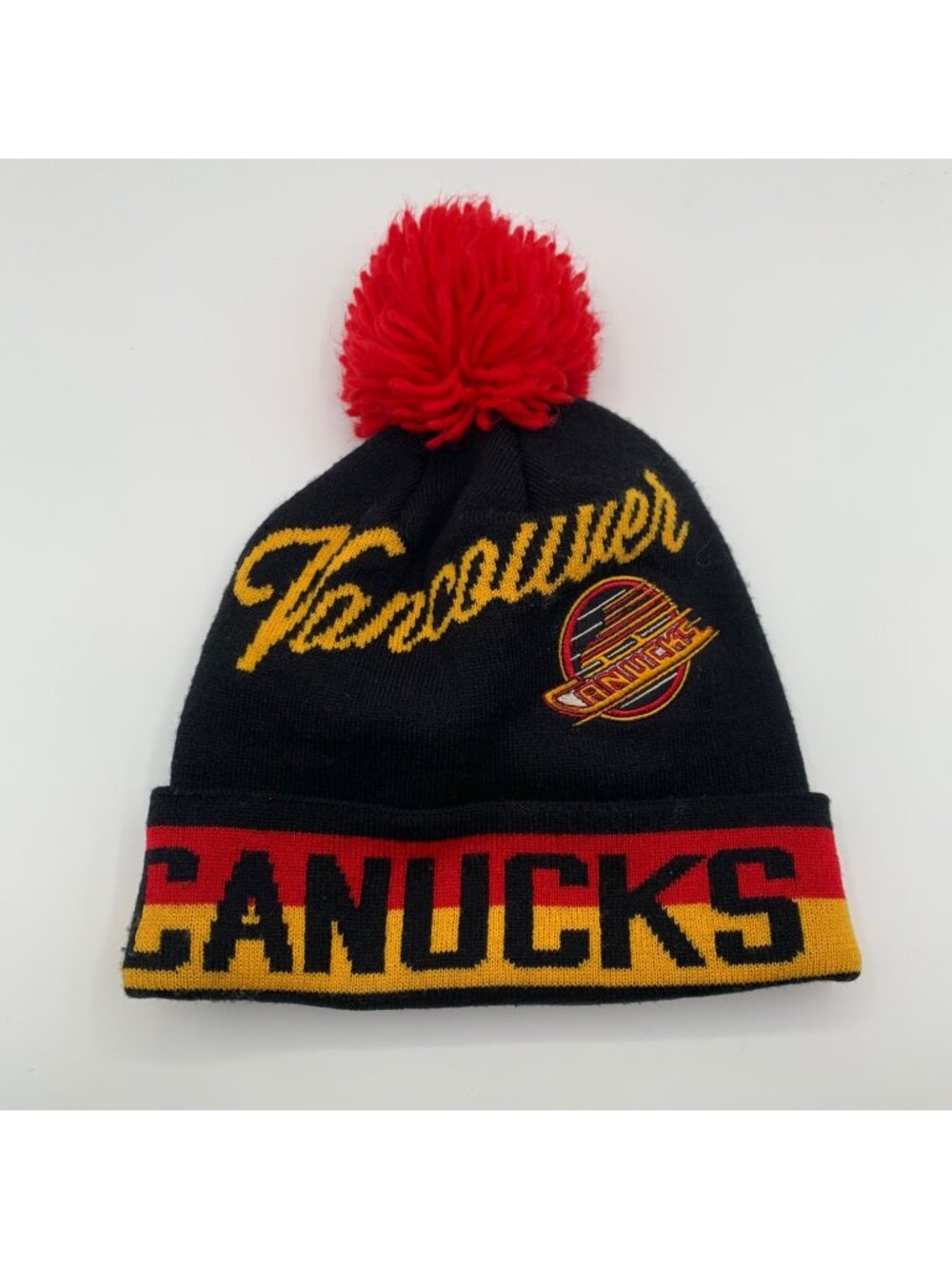 Vancouver Canucks NHL Retro Black Gold Red Pom Knit Beanie